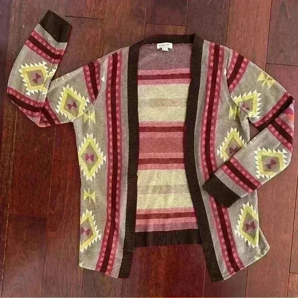One World Women’s Brown Geometric Aztec Open Front Cardigan Sweater Size S - Picture 1 of 7